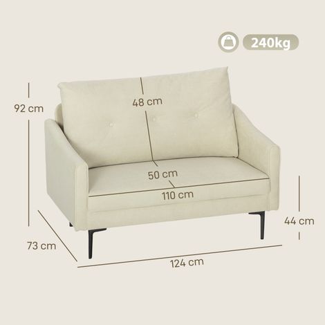Canapé 2 places tissu blanc crème, assise mousse confortable, structure métallique robuste, idéal salon ou chambre, meuble compact avec coussins rembourrés. (1/5)