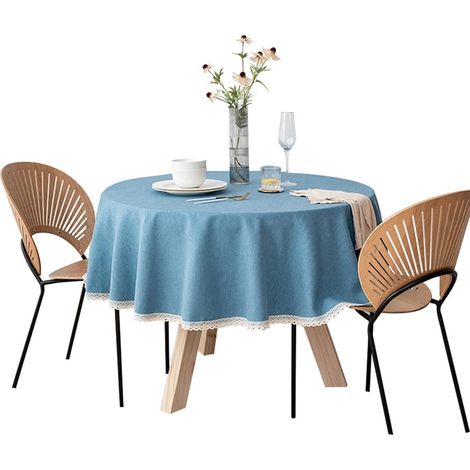 Runde Tischdecke aus Baumwolle und Leinen, wasser- und schmutzabweisend, leicht zu reinigen, blau, 140 cm Durchmesser