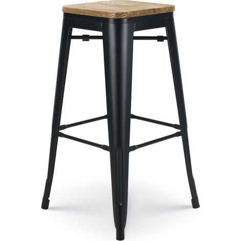 Sgabello da bar in metallo nero opaco in stile industriale e seduta in legno chiaro - Altezza 76 cm (1/3)