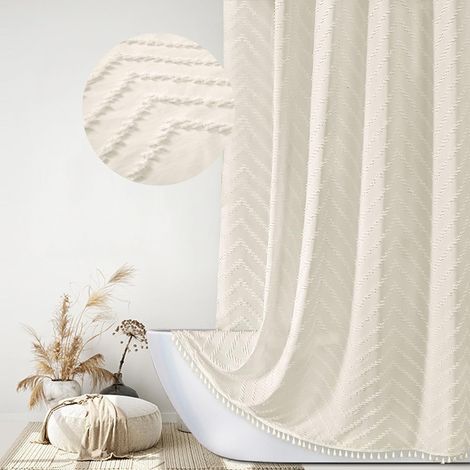 Cortina de ducha de tela tejida estilo rústico, texturizada, a rayas y con estampado de espiga, minimalista, para baño de hotel, 183 x 213 cm, color beige.
