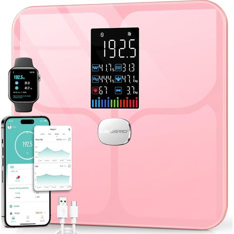 Pèse-personne numérique intelligent pour poids corporel, grand écran LCD, 16 mesures de composition corporelle, IMC, poids de l'eau, fréquence cardiaque, mode bébé, 181,4 kg, rechargeable (1/5)