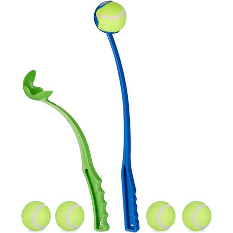Lanceur de balle pour chiens, lot de 4, Lanceur de balles, 10 balles de tennis incluses, pour chien, bleu/vert