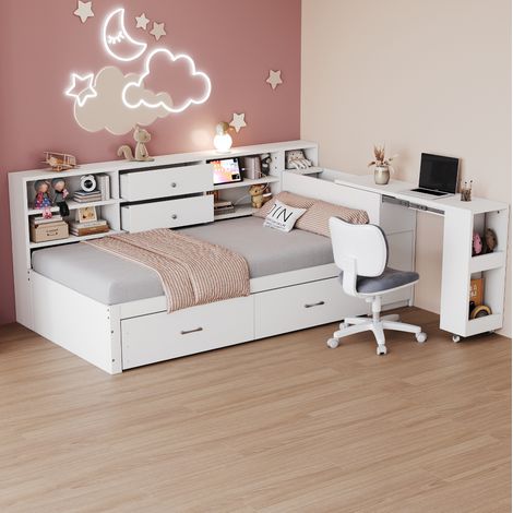 Letto singolo minimalista 90x200 cm in legno bianco con testiera multifunzione, 2 cassetti, scrivania estraibile e USB (1/5)