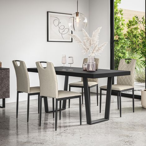 Aria Dining Table And Chairs - Black Table Top w Black Legs + Monza Linen Dining Chair Set Of 6 (Beige) (1/5)