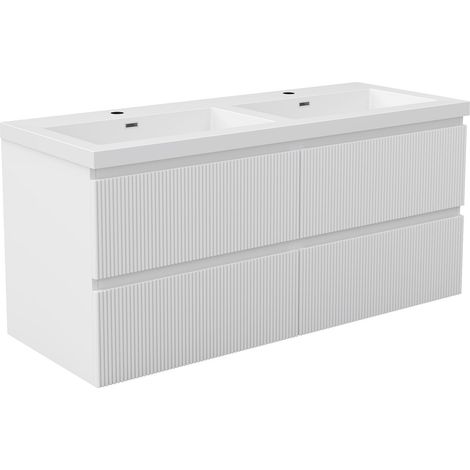 Meuble de Salle de Bain Suspendu Blanc Cannelé 120cm, 4 tiroirs Silencieux, Vasque en Résine , Facile à nettoyer et à installer