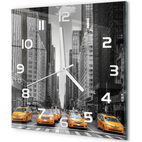 Horloge Murale Carrée Verre Décoratif Silencieuse Moderne Salon Cuisine Taxis de New York 30x30 cm (1/5)