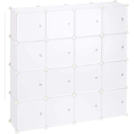 Scaffale portaoggetti con 16 armadietti, ante modulari, montaggio a incastro, libreria in plastica, 127 cm, bianco 130001185