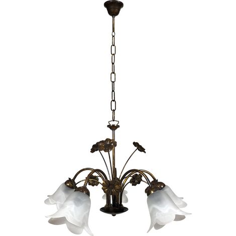 Lampadario 5xE14 Montatura Marrone Oro Vetro Alabastro Bianco E-Energy Vera (1/2)
