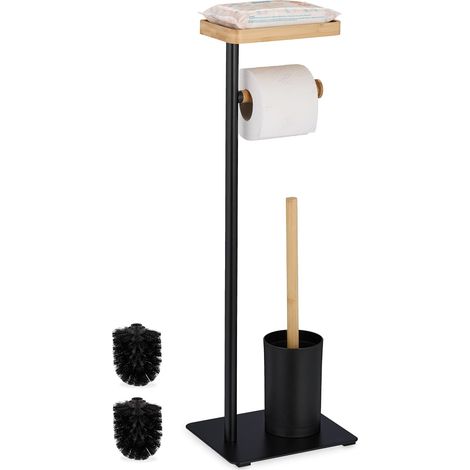 Serviteur WC, Bambou, Fer, Support Non Fixe, Brosse et Porte-Brosse, Noir - Nature (1/5)
