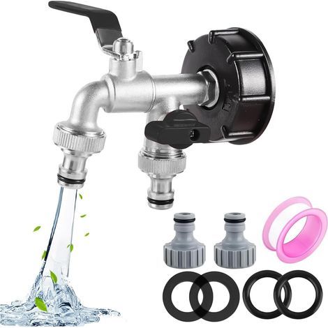 Robinet Cuve 1000L S60X6 IBC Raccord Robinet avec raccord de tuyau Robine double sortie 1/2"+3/4"Adaptateur de Réservoir en Alliage d'aluminium Robinet de Jardin avec Adaptateur en Plastique(noir)