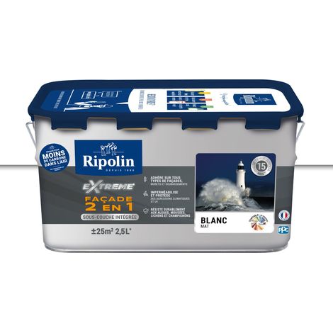Ripolin – Peinture façade 2 en 1 avec sous-couche intégrée – Mat – 2,5L – Blanc – Haute tenue jusqu'à 15 ans – Résiste aux algues et mousses