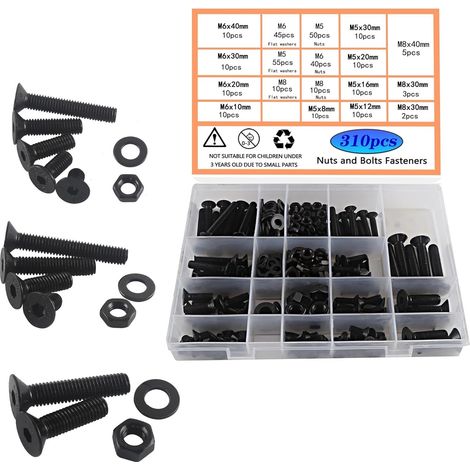 310pcs Boulons,Écrous,Rondelles Acier Noir M5 M6 M8 Kit Assortiment Boîte Rangement