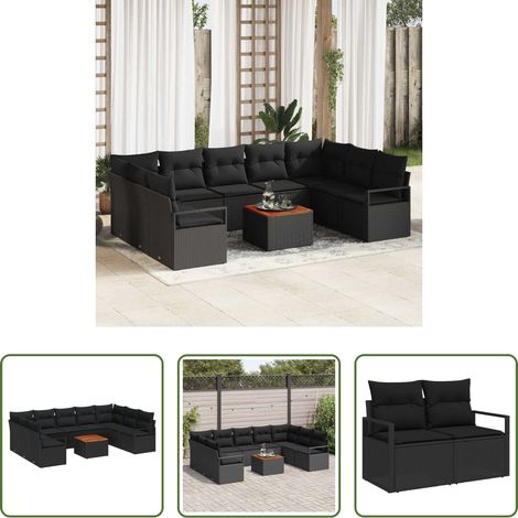 vidaXL Mobilier extérieur - Ensemble de canapé de jardin avec coussin 10 pcs Noir polyrotin (1/5)