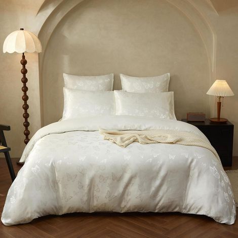 Satin Bettwäsche 155x220 cm mit Schmetterling Jacquard, Weiß/Creme