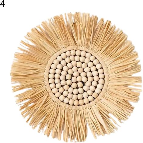 Miroir suspendu décoratif en paille, perles de bois marocaines et acrylique, ornement multifonctionnel pour chambre à coucher, 4 pièces (1/5)