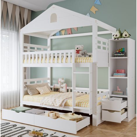 Lit superposé enfant 90x200 cm cabane avec échelle, 2 tiroirs et rangement latéral, bois blanc (1/5)