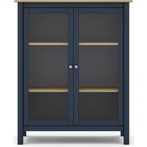 Pegane – Vitrine en pin massif bleu et chêne – Meuble de rangement 2 portes – Longueur 90 cm x Profondeur 40 cm x Hauteur 110 cm – Design moderne (1/5)