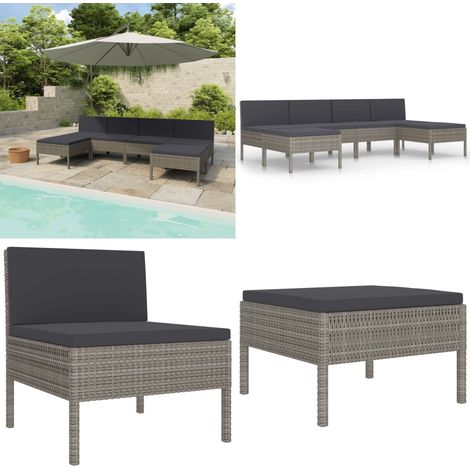 6-tlg. Garten-Lounge-Set mit Auflagen Poly Rattan Grau - Gartenloungesessel - Loungeset - Outdoormöbel - Gartenmöbel - Rattanmöbel - Home & Living