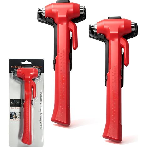 Lot de 2 Marteaux d'urgence 2 en 1 pour Voiture avec Coupe-Ceinture, Pointes Trempées, Marteau de sécurité avec Couteau de Ceinture, Marteau d'urgence pour Voiture, Bus, Rouge (1/5)