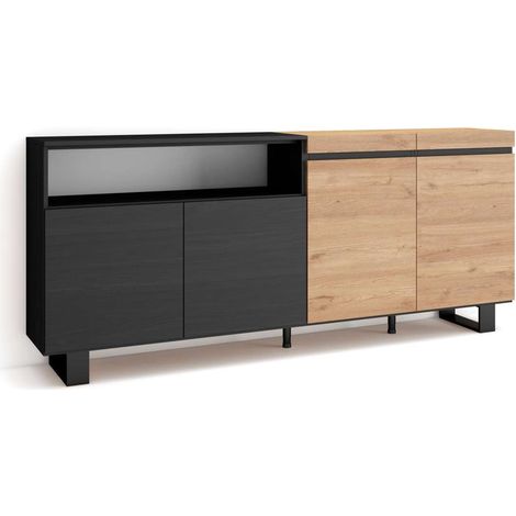 Aparador Adamuz de 200x87x35 cm con 4 puertas, diseño industrial, color roble y negro (1/4)