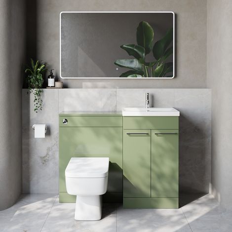 Napoli 390 Cento Olive Green 1100mm 2 Door Vanity Unit Toilet Suite with Glide Basin - 1100mm - Chrome 160mm HandleWith Kingston Toilet Pan and Seat