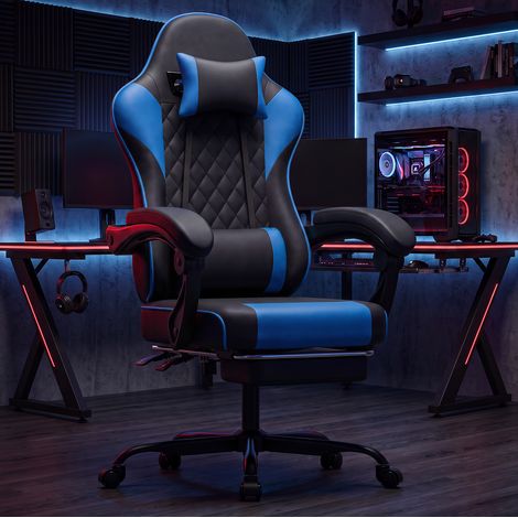 Fauteuil gaming 66x54x121-131 cm en PVC noir et bleu, soutien lombaire, pour bureau – MEUBLIV (1/5)