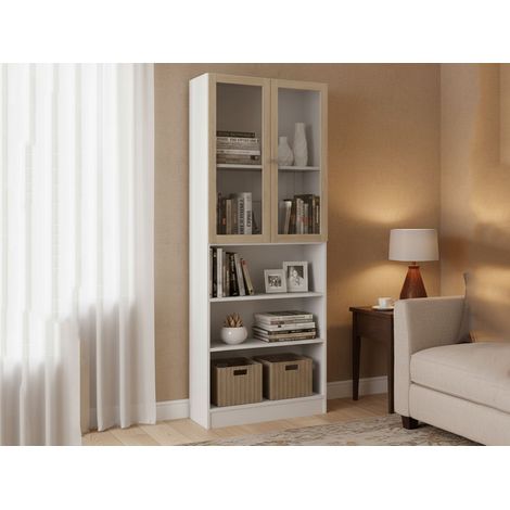 Dmora - Bücherregal Alixane, Büroregal, Mobiler Buchhalter, Bücherbrett, 79x28 h203 cm, Weiß und Eiche (1/3)