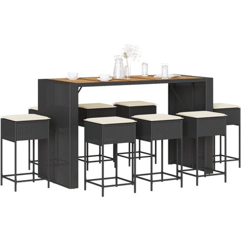 9-tlg. Gartenbar-Set mit Kissen Schwarz Poly Rattan
