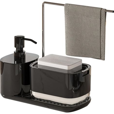 Dispenser di sapone per mani e piatti con vassoio, dispenser doppio di sapone con porta spugna e panno