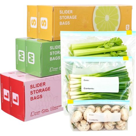 100 Reusable Freezer Bags, 3 Sizes Expandable Base, Food Storage Bags with Zip, for Fruit, Vegetables, Meat Sandwich Snacks (1/5)