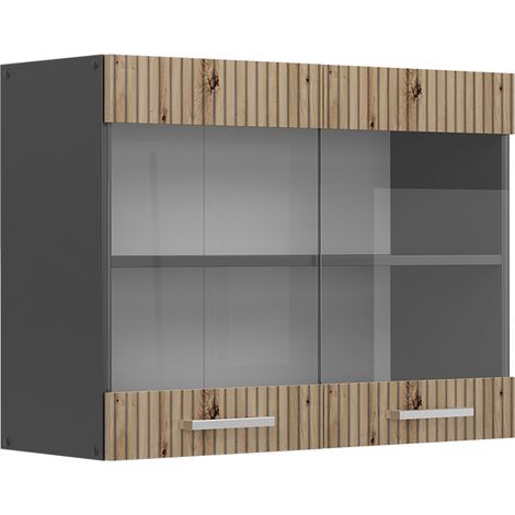 Vicco – Meuble de cuisine haut vitré R-Line – Chêne Artisan – 80 cm largeur x 60 cm hauteur x 31 cm profondeur – Panneau de particules 16 mm