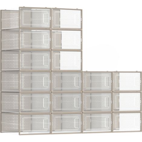 Boîtes à Chaussures, Lot de 18, Organisateur de Chaussures en Plastique, Pliable et Empilable, jusqu'à la Pointure 44, Transparent et Beige Avoine (1/5)