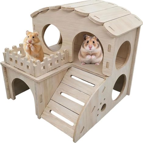 Maison Hamster, Maison en Bois pour Hamster, Cabane Cochon d'Inde Robuste, 2 Etages Maisonnette pour Hamster, Maison Cachette en Bois avec Rampe pour Hamsters Nains, Gerbilles et Rongeurs (1/5)