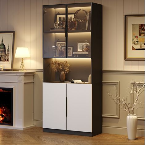 Vitrine vitrée 80x30x200 cm en bois blanc et noir, avec rangement, salon FloraGrace (1/5)