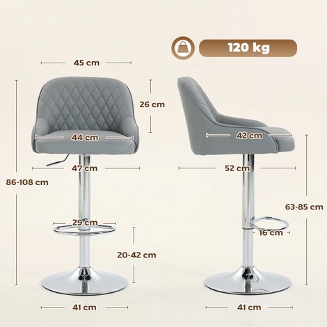 Ensemble de 2 tabourets de bar pivotants et réglables en hauteur avec dossier, en similicuir gris clair. (1/5)