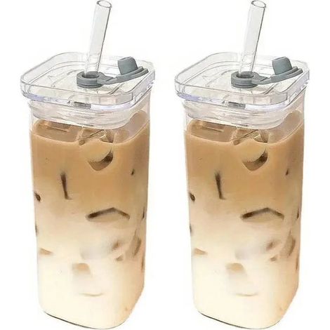 Borraccia, borraccia grande, 2 pezzi, coppia da 400 ml, bicchieri quadrati in vetro con coperchio e cannuccia, resistenti al calore, vetro robusto, acqua potabile (1/5)