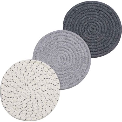 Ensemble gris 3 pièces : dessous de plat en cordon tressé 100 % coton, 17,8 cm de diamètre. (1/5)