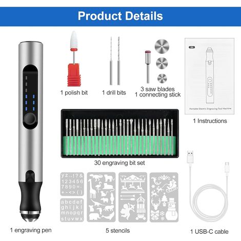 Stylo de Gravure Rechargeable USB, Mini Graveur électrique Bricolage Outils Rotatifs sans Fil, Outil de Gravure Portable pour Bijoux Bois Métal Pierre Plastique Gravure sur Verre (1/5)