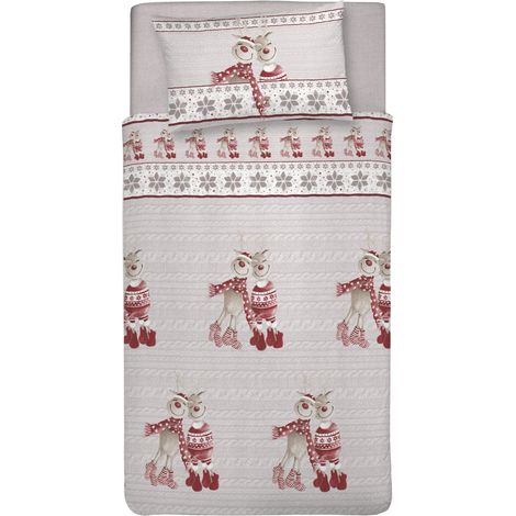 Parure de lit 1 Personne 100% Coton, avec Sac 155 x 200 cm et 1 taie d'oreiller 52 x 82 cm, fabriquée en Italie, Housse de Couette Lavable en Machine à 40 °, Motif Renne Rouge (1/5)