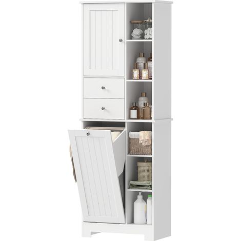 Weißer Badezimmerschrank, kippbarer Wäschekorb, Schubladen