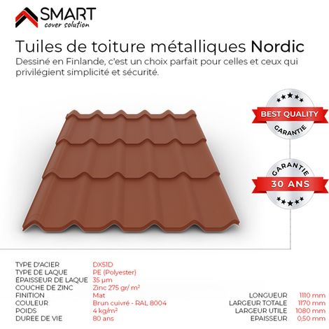 Bravo The Smart Solution – Tuile de toiture métallique – Coloris brun cuivré RAL 8004 – Dimensions 1110x1170mm – Conception finlandaise pour sécurité et simplicité (1/5)