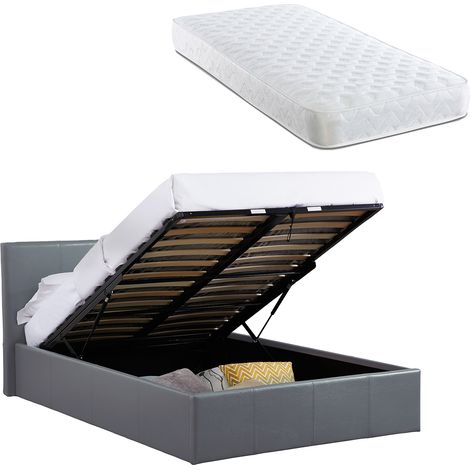 LUNA 4FT Small Double Grey Ottoman Storage Bed Gas Lift & 17cm Thick Spring Mattress