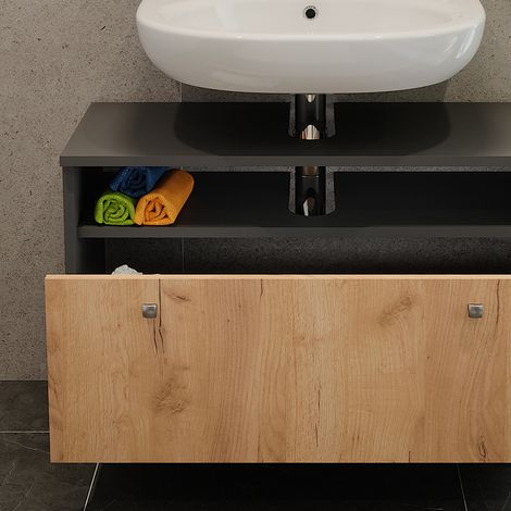 Mobiletto per lavabo Fynn, Antracite/Rovere dorato, 80.2 x 54 cm con cassetto, Vicco