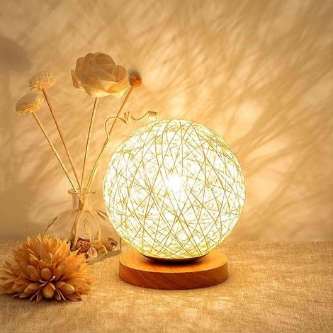 Lampe de table en bois tactile à intensité variable, lampe boule rechargeable sans fil en rotin tressé à la main, lampe LED style bohème USB, décoration pour chambre d'enfant (1/5)