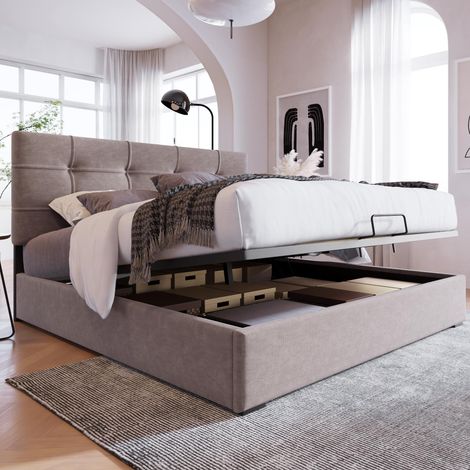 Lit double hydraulique capitonné 140x200cm, tête de lit réglable, sommier à lattes et cadre en métal, velours, cadre de lit moderne avec espace de rangement, gris clair, garantie 2 ans