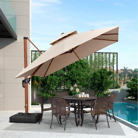 PURPLE LEAF Parasol 3 x 3 m Carré de Terrasse, Parasol Déporté 360°, Double Toit Ventilé, Finition Aspect Bois Antirouille, Parasol de Jardin Luxe, Beige