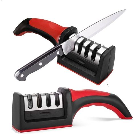 Afilador de cuchillos profesional 4 en 1 de acero inoxidable para cuchillos cocina: afilador ergonómico fácil usar 4 ranuras afilado (rojo negro) (1/5)
