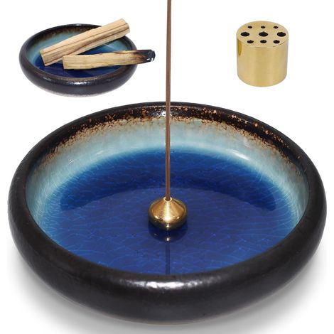 encens Porte Support palo Santo 3 en 1 bruleur en céramique pour Tout encens, brûleur en Baton de, Sauge bâtons Holder, diffuseur Supports Room décor, encensoir en Laiton Amovible - Bleu (1/5)