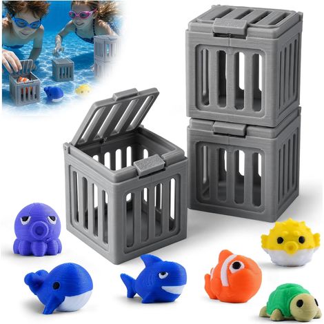 Juego de buceo infantil de 3 piezas para piscina: flotadores con animales y jaula subacuática - Juego acuático interactivo - Diversión en la bañera, verano y juegos al aire libre.