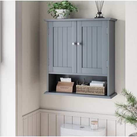 Mueble de baño mural moderno de MDF gris claro 54,6 x 19,8 x 60 cm con 2 puertas y estante regulable (1/5)